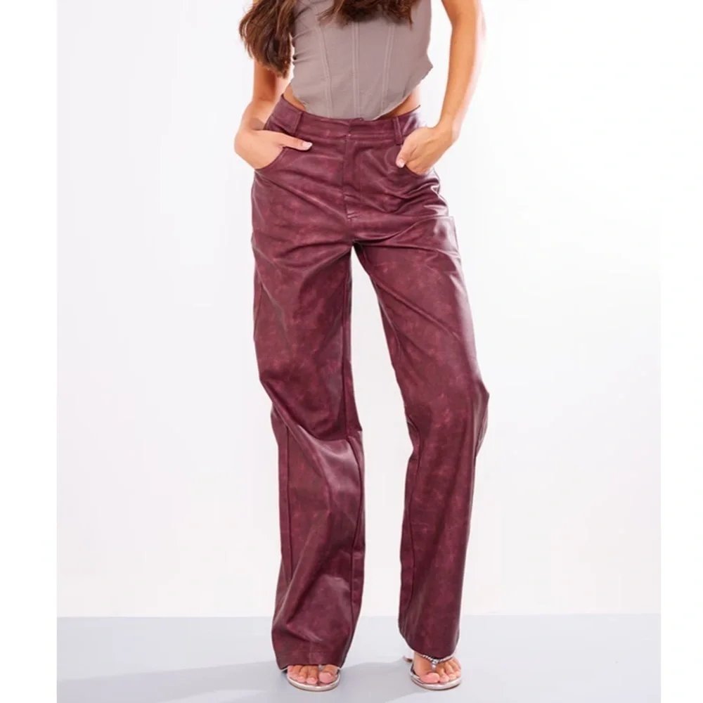 PrettyLittleThing Cherry Red Washed Faux Leather Straight Leg Trousers